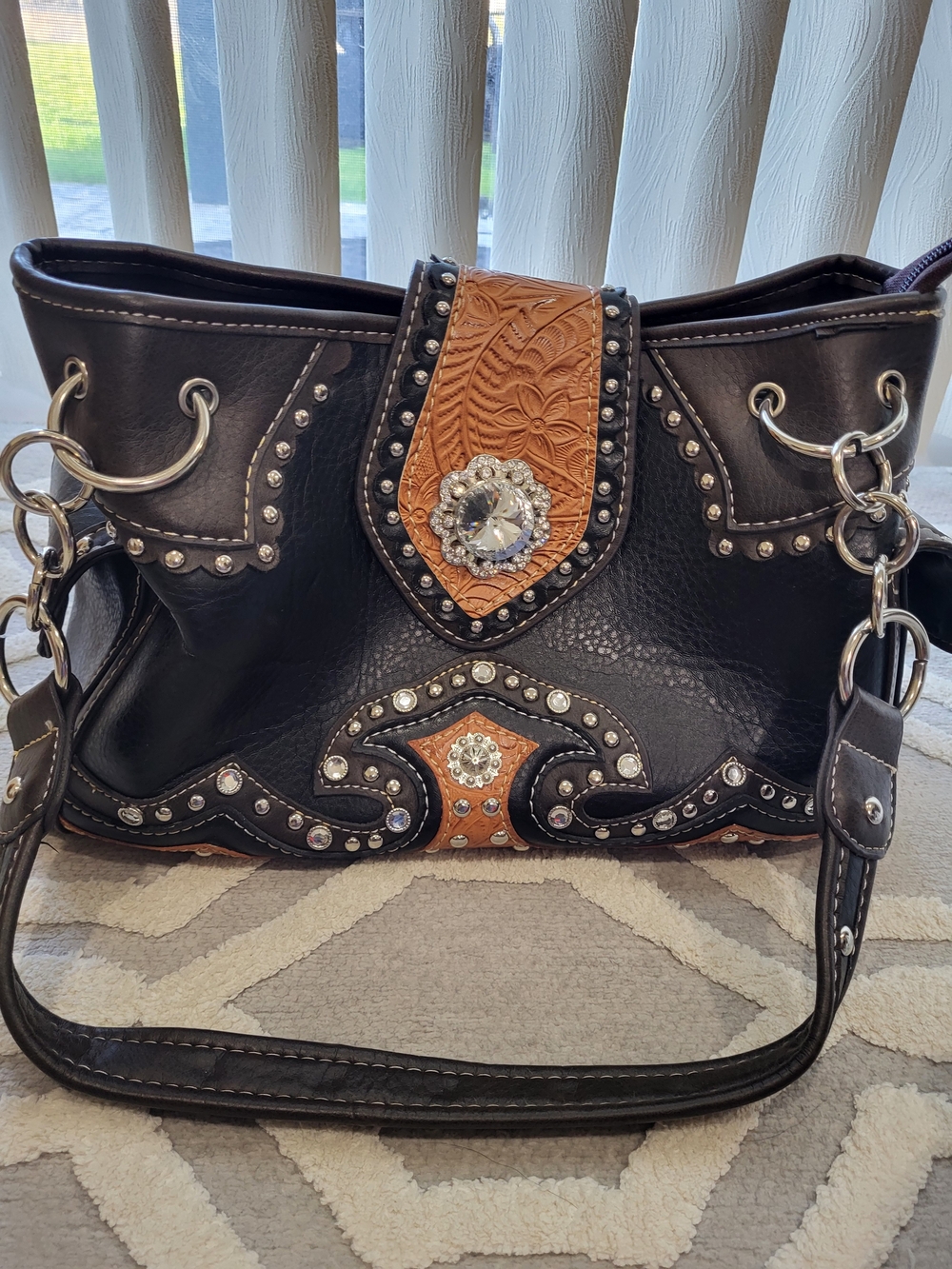 Studded Black and Tan Western-Style Women's Handbag